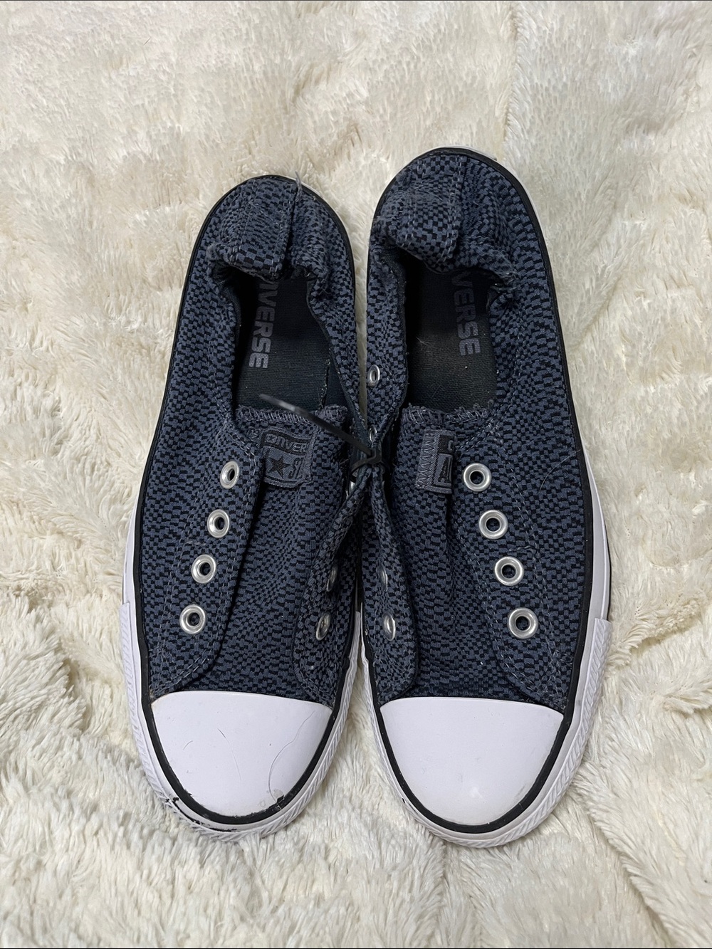 Converse Slip-On Checkered Sneakers in Black and Grey
